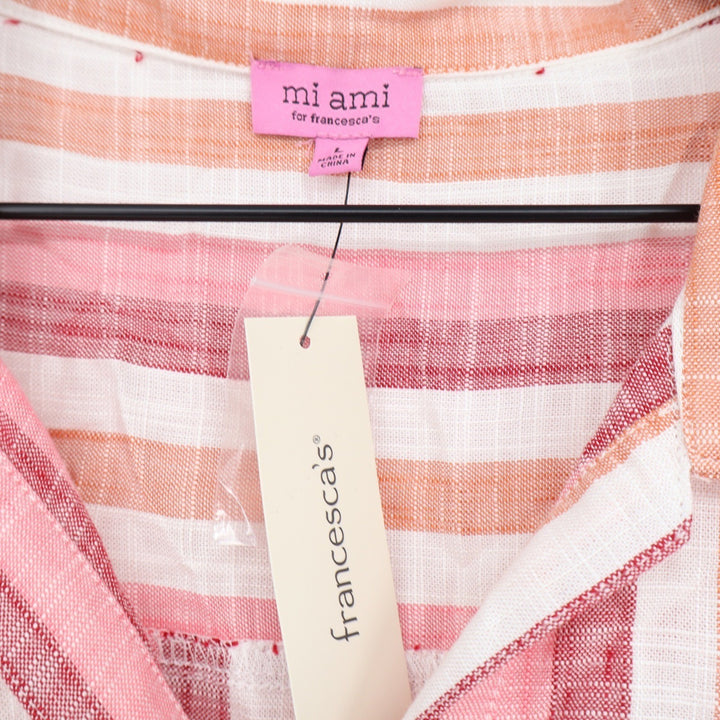 Francesca's mi ami Pink Striped Linen Blend Button Up Shirt Womens L