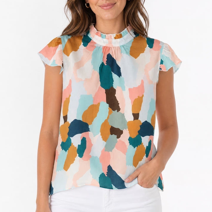 SHEIN Multicolor Abstract Print Mock Neck Flutter Sleeve Blouse Large