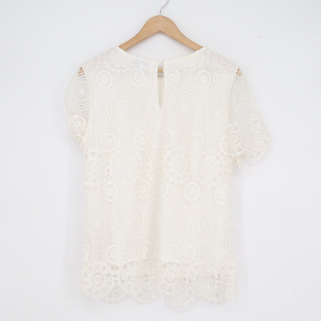 Vicki Wayne Womens Ivory Floral Medallion Lace Short Sleeve Blouse Large