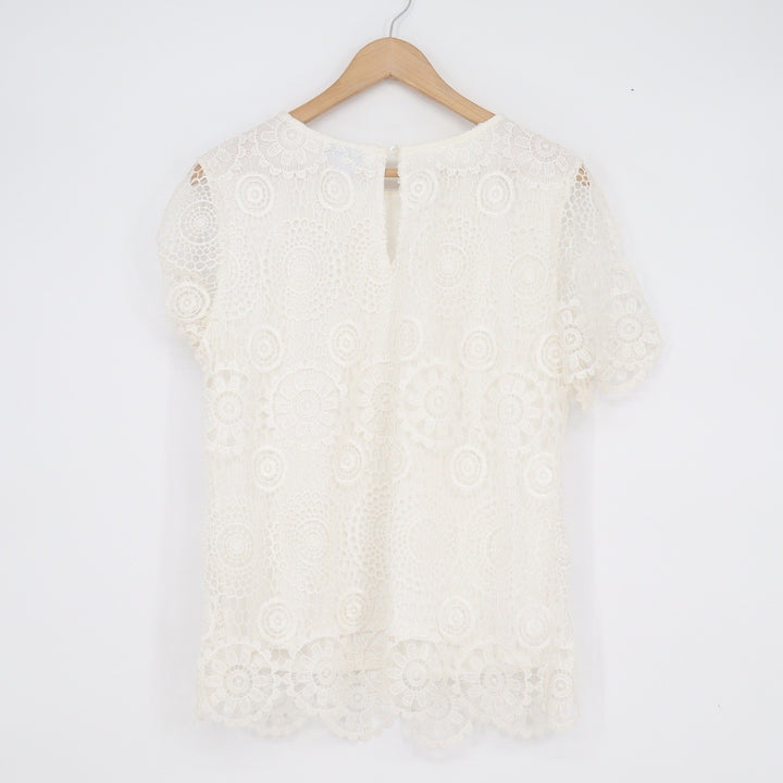 Vicki Wayne Womens Ivory Floral Medallion Lace Short Sleeve Blouse Large