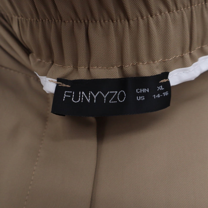 FUNYYZO Khaki Tan Wide Leg Pleated Trousers High Waist Elastic Back XL 14-16