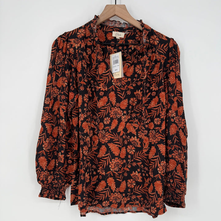 Elan Bloomingdales Blouse XS Black Autumn Floral Print Long Sleeve Ruffle Neck