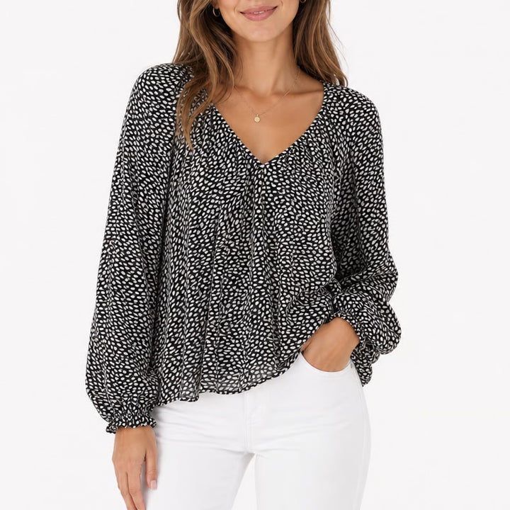 Old Navy Womens XL Black White Abstract Dot V-Neck Long Sleeve Rayon Blouse Top