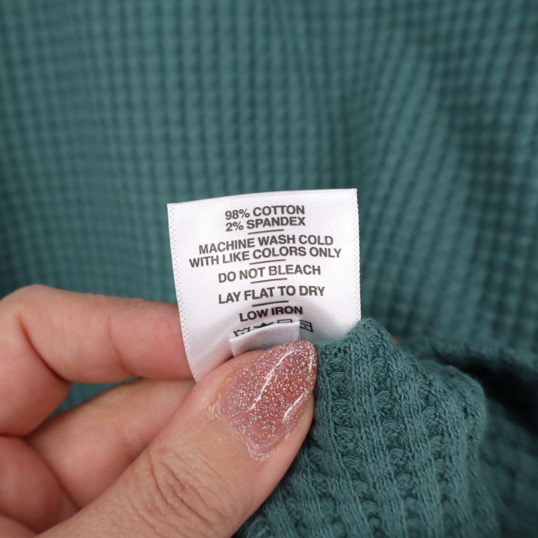 AMERICAN GIANT Waffle Knit Crewneck Pocket Long Sleeve Shirt Green Size S