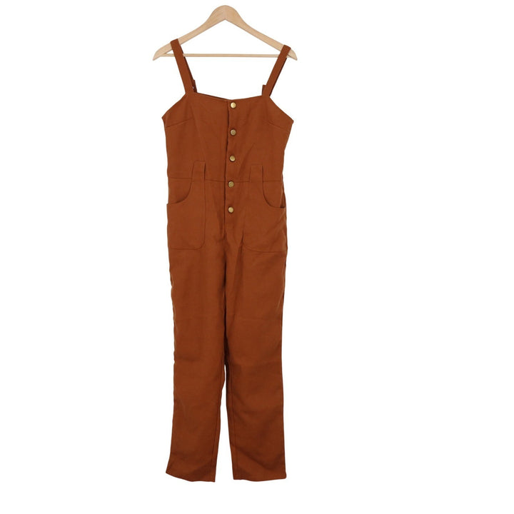 SHEIN Rust Brown Button Front Straight Leg Jumpsuit Size Small 4 Pockets Utility