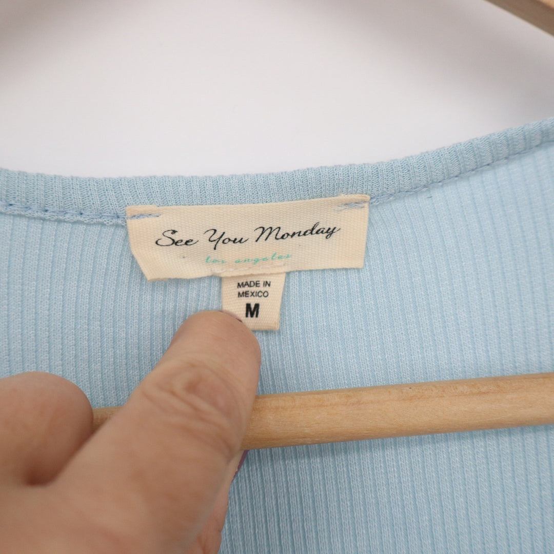 See You Monday Light Blue Ribbed Tiered Mini Dress V-Neck Flutter Sleeve Medium