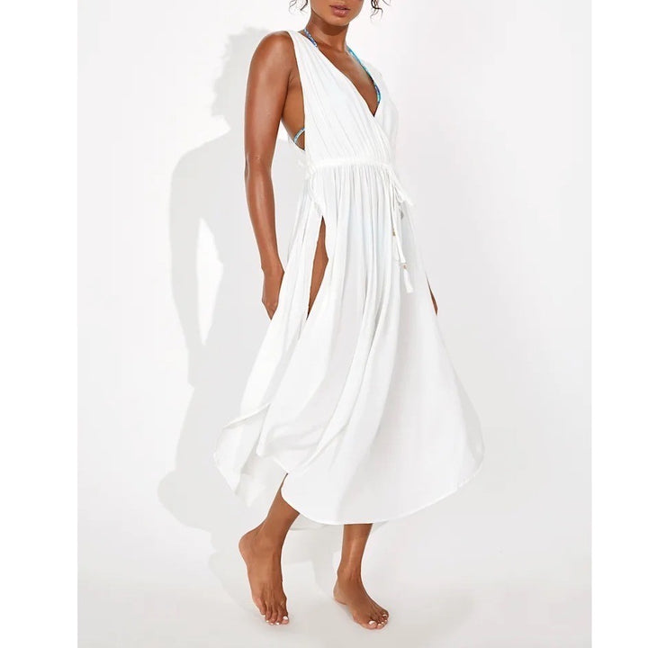 Lulus Santorini Sun Swim Cover-Up Dress Womens XS White Pleated Drawstring Waist