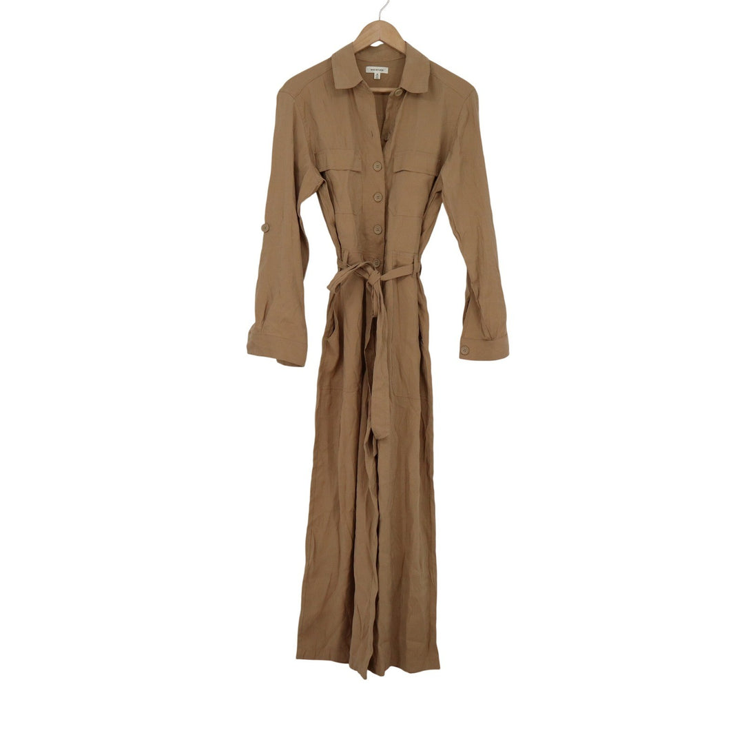 Max Studio Womens Utility Jumpsuit Tan Brown Long Sleeve Tie Waist Size M