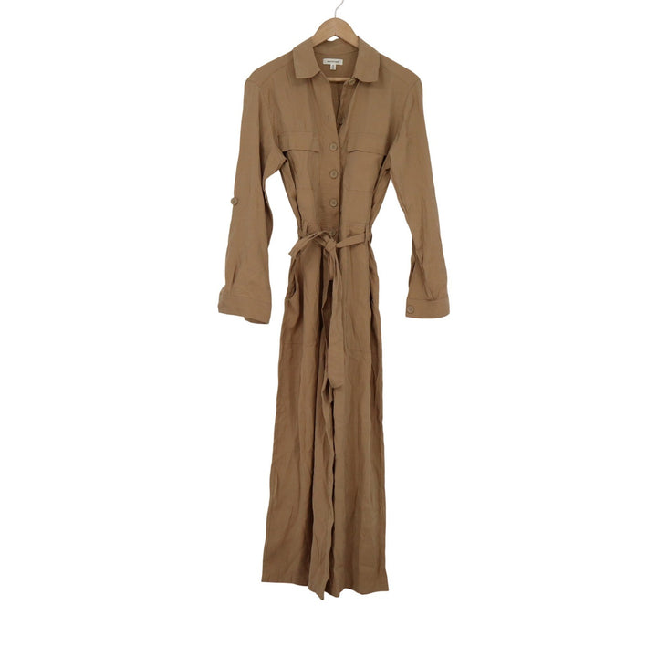 Max Studio Womens Utility Jumpsuit Tan Brown Long Sleeve Tie Waist Size M
