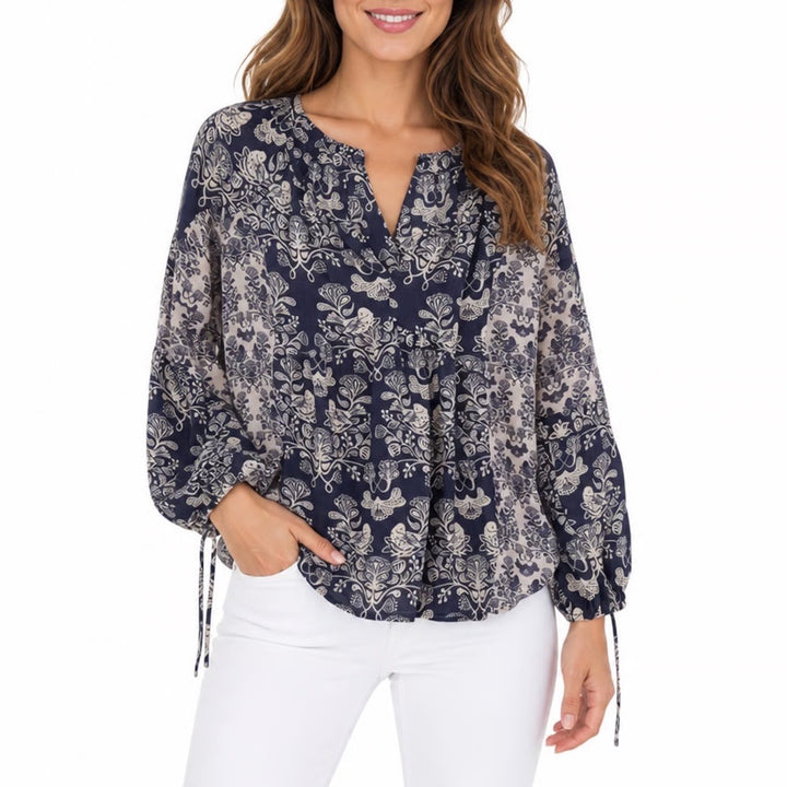 Princess Vera Wang Blouse Womens S Blue White Floral Stretch Pleated Split Neck