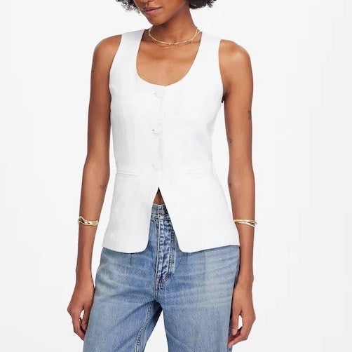 Madewell Cutaway Vest Womens 0 White Linen Scoop Neck Welt Pocket Button Front