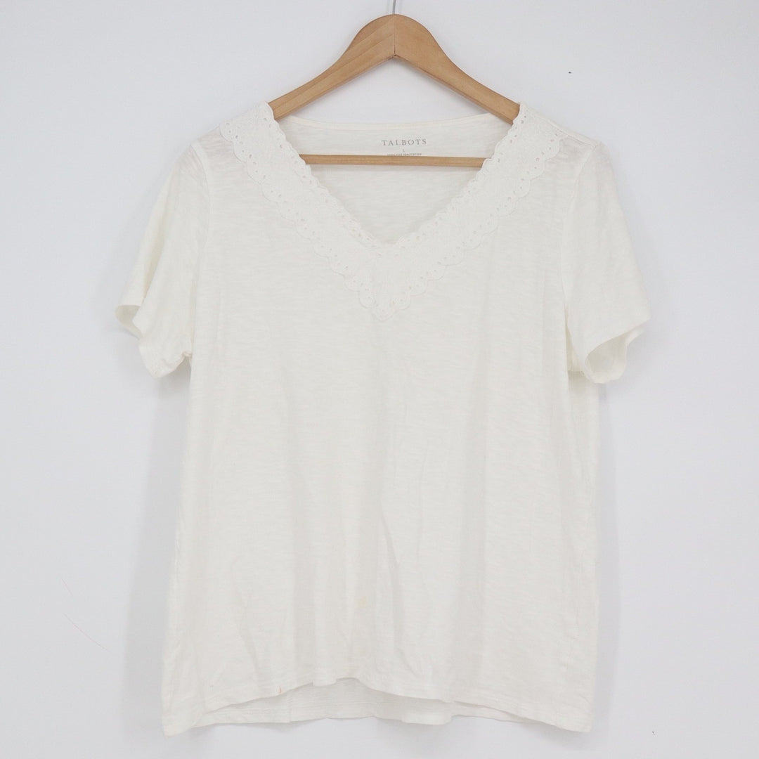 Talbots Womens White Cotton Slub Eyelet V-Neck Short Sleeve T-Shirt Size L