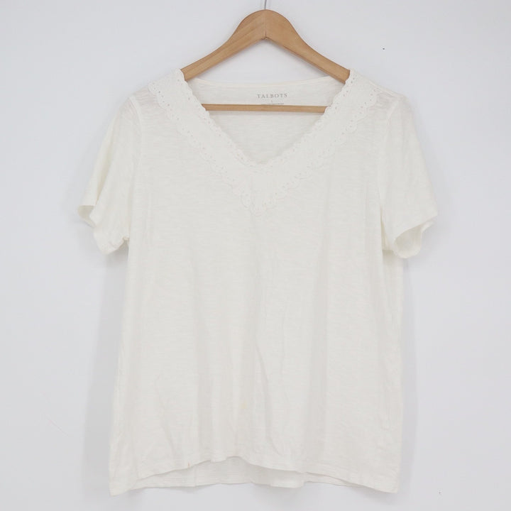 Talbots Womens White Cotton Slub Eyelet V-Neck Short Sleeve T-Shirt Size L
