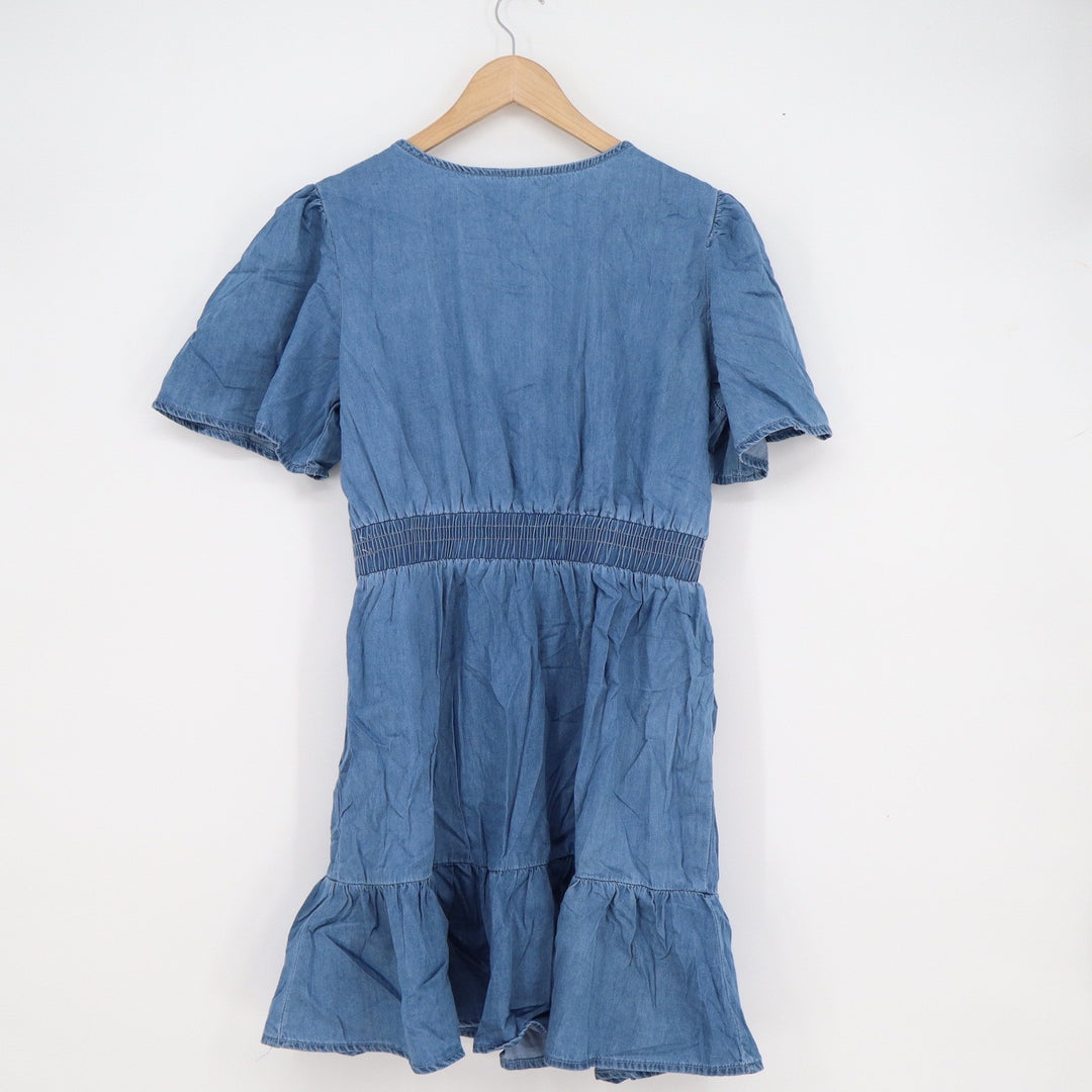 Blue Chambray Cotton Tiered Mini Dress Smocked Waist Flutter Sleeve Medium