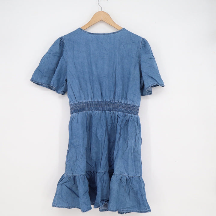 Blue Chambray Cotton Tiered Mini Dress Smocked Waist Flutter Sleeve Medium