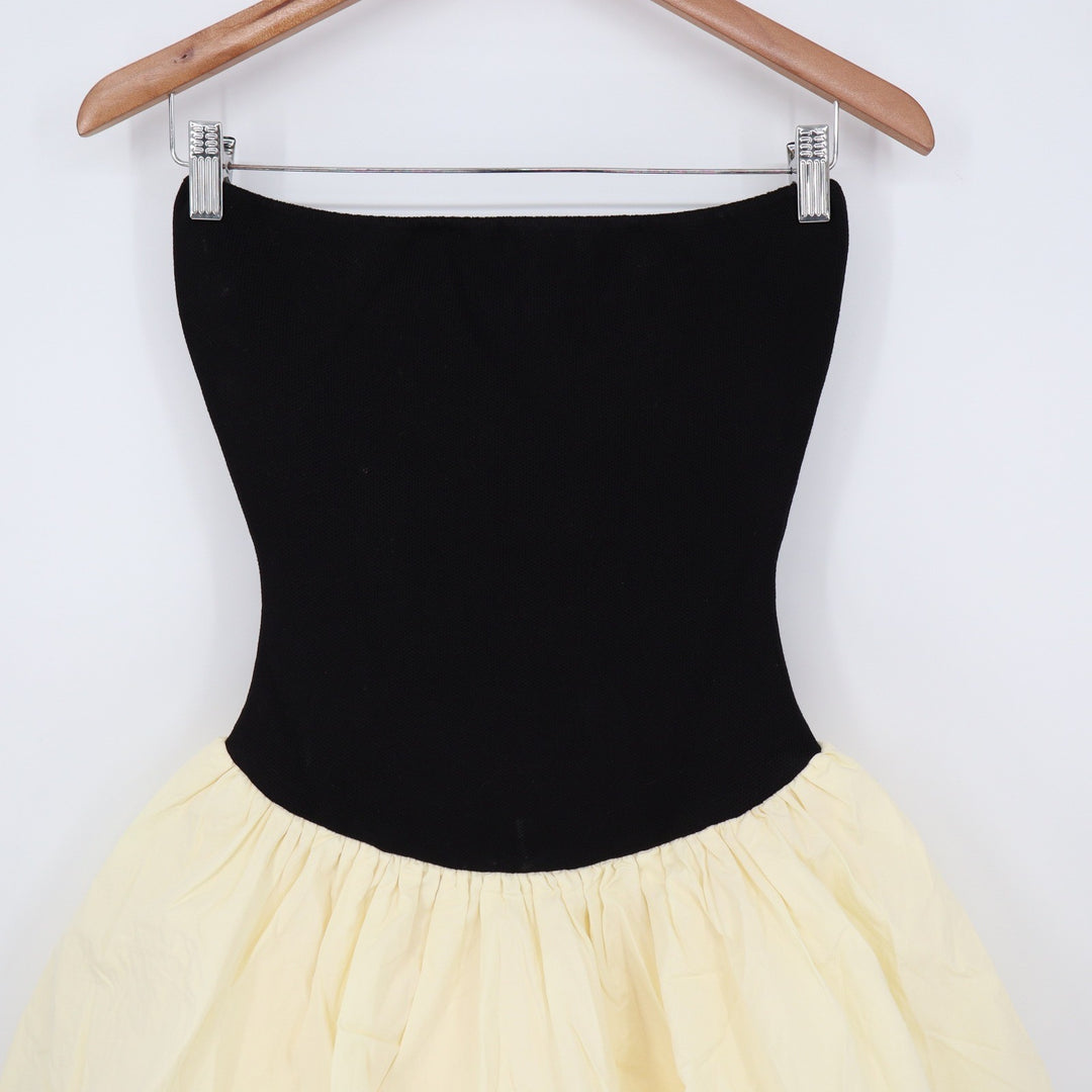 Showpo Harley Mini Dress Strapless Drop Waist Contrast Puff Skirt Black Cream 6