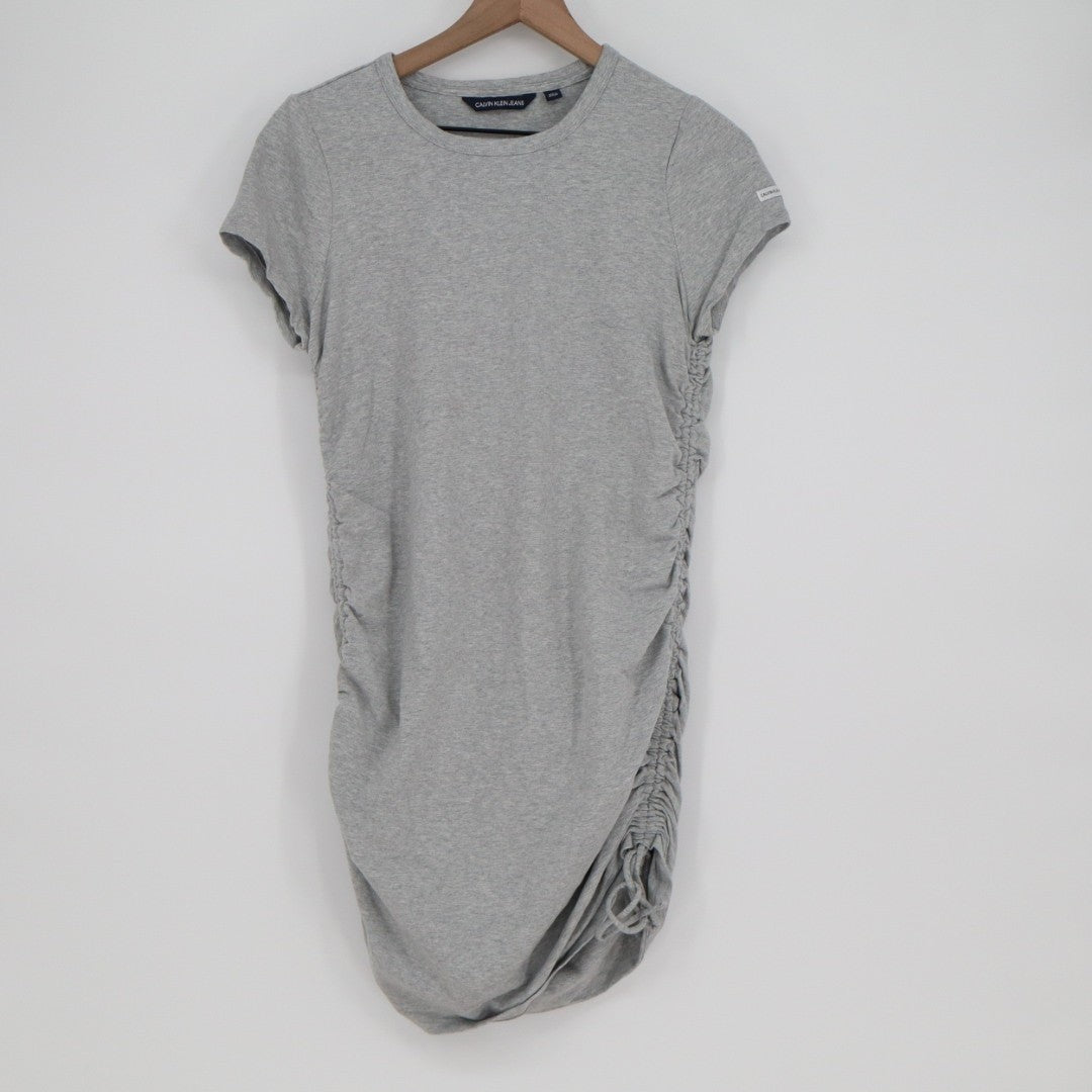 Calvin Klein Jeans T-Shirt Dress Womens Medium Grey Stretch Ruched Drawstring