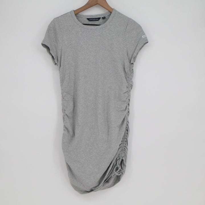 Calvin Klein Jeans T-Shirt Dress Womens Medium Grey Stretch Ruched Drawstring