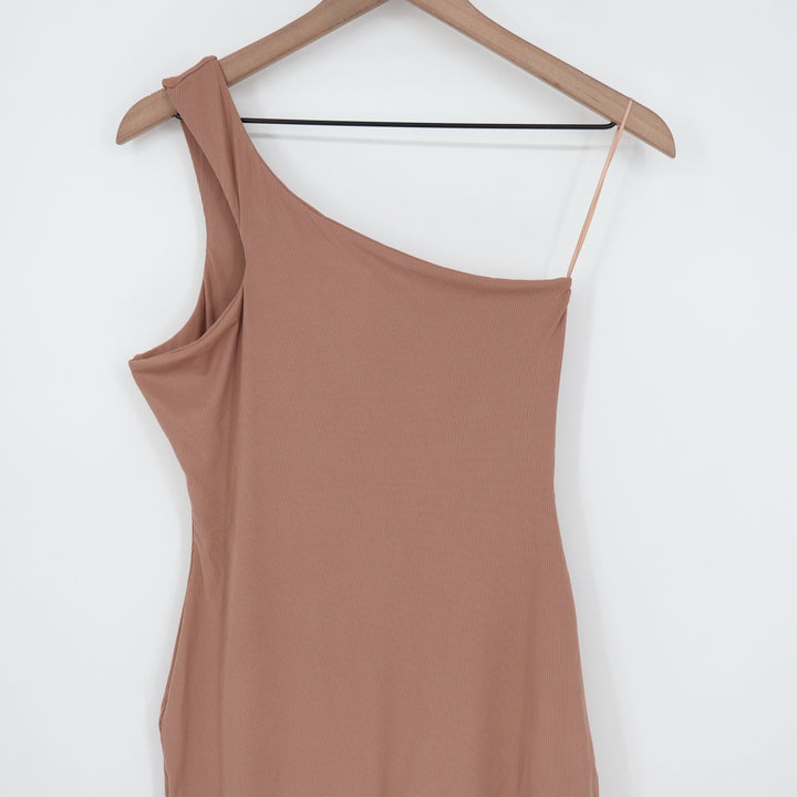 Naked Wardrobe One Shoulder Ribbed Jumpsuit Coco Brown L