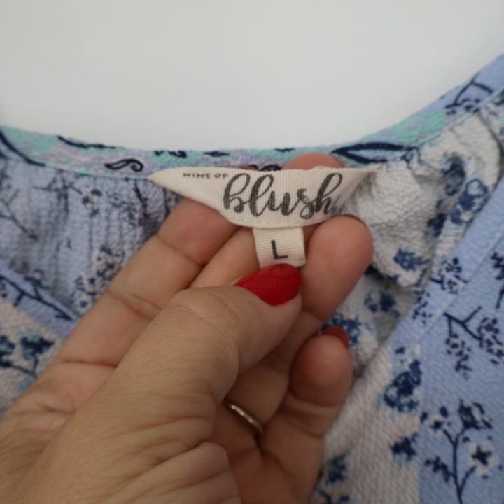 Hint of Blush Blue Patchwork Floral Cold Shoulder Ruffle Side Tie Top Large