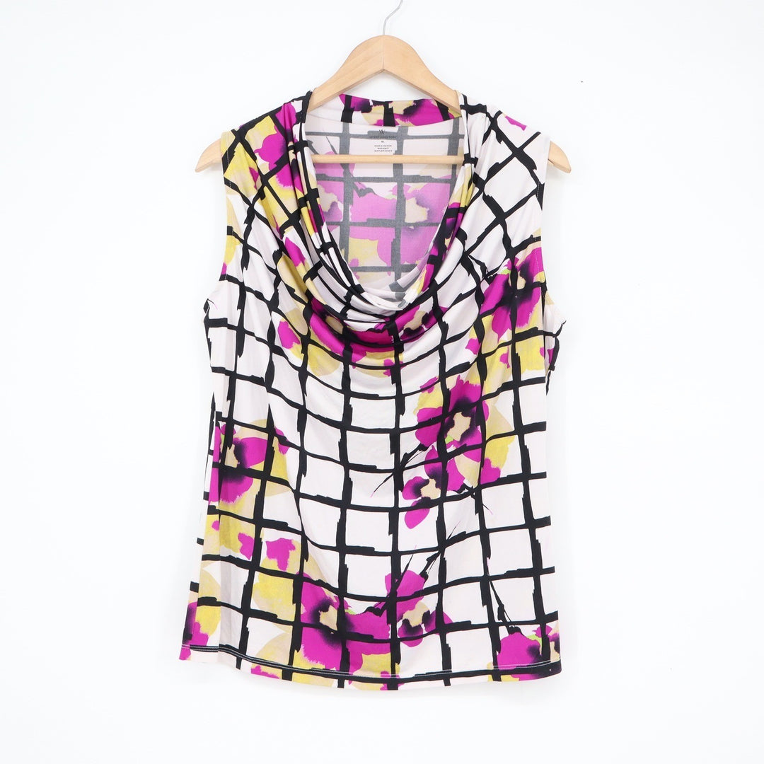 Worthington Womens XL Cowl Neck Sleeveless Blouse Floral Grid Magenta