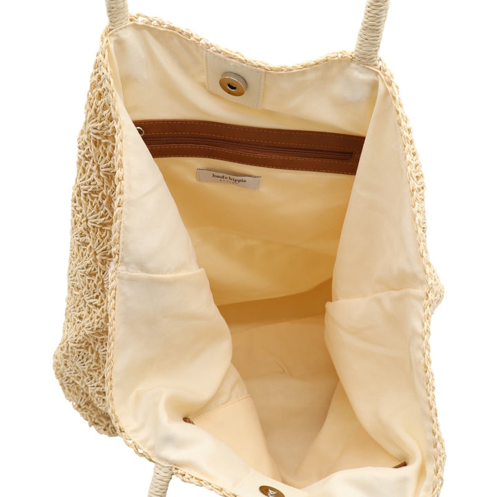 Haute Hippie Style Beige Straw Crochet Shell Tote Bag with Pom Poms Large