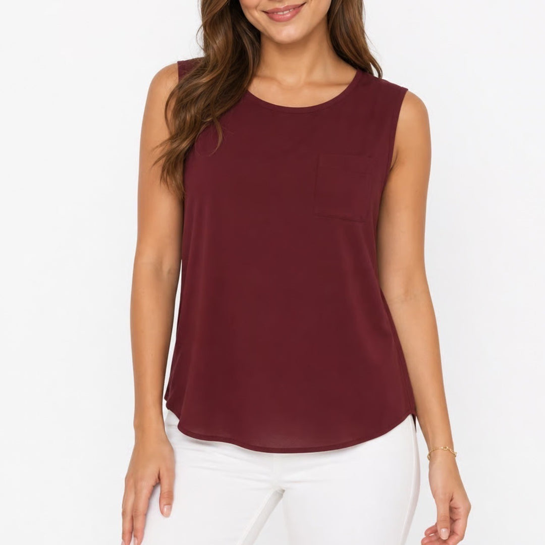 Ann Taylor LOFT Womens Medium Burgundy Sleeveless Pocket Blouse Crew Neck Top