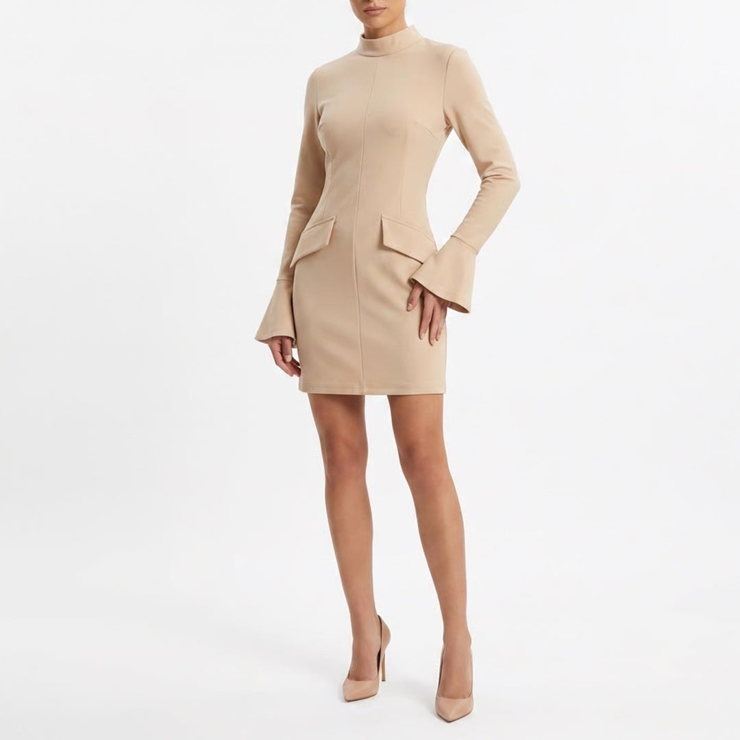 Tan Beige Mock Neck Long Sleeve Bell Cuff Mini Dress XL