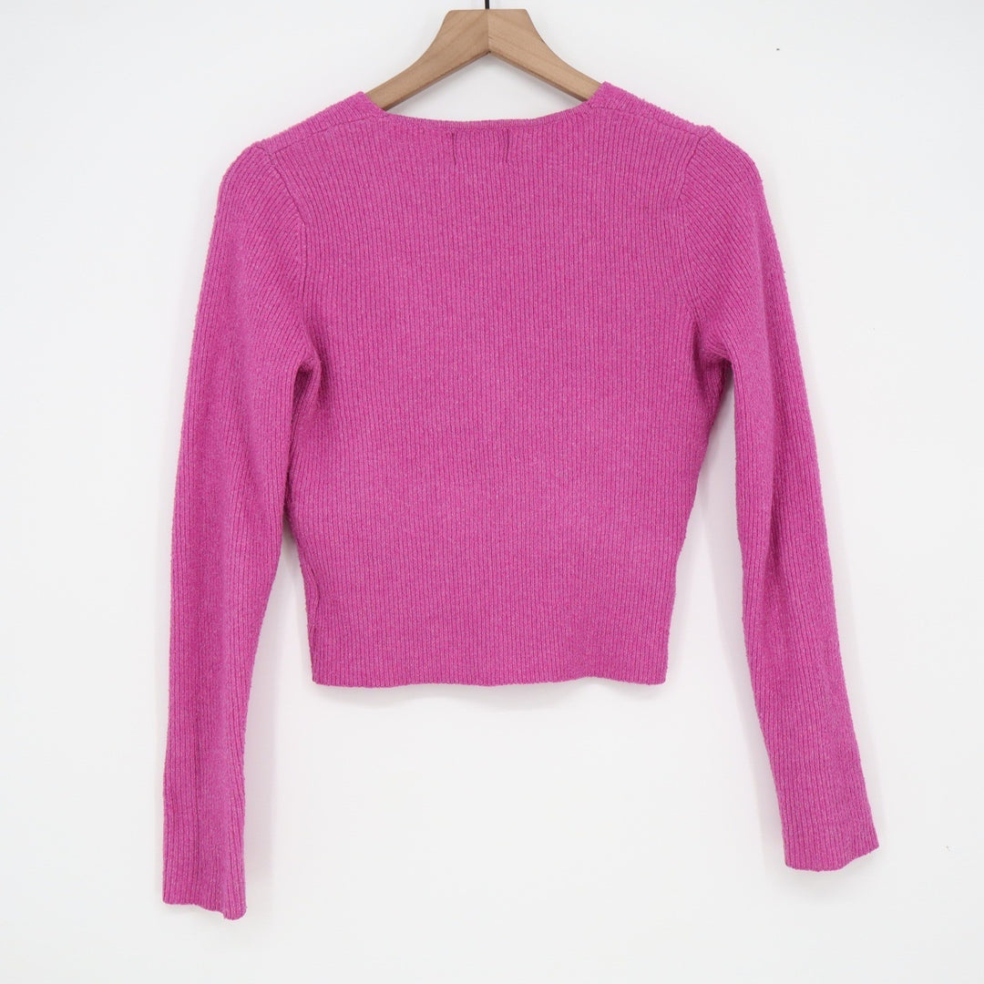 Pink Rose Magenta Ribbed Faux Wrap Cropped V-Neck Sweater Small