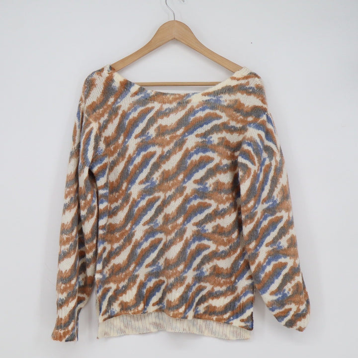Jessica Simpson Womens Tiger Stripe V-Neck Sweater Brown Blue Size Small