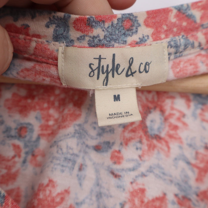 Style & Co Womens Red Blue Floral V-Neck Short Sleeve Boho Knit Top Size M
