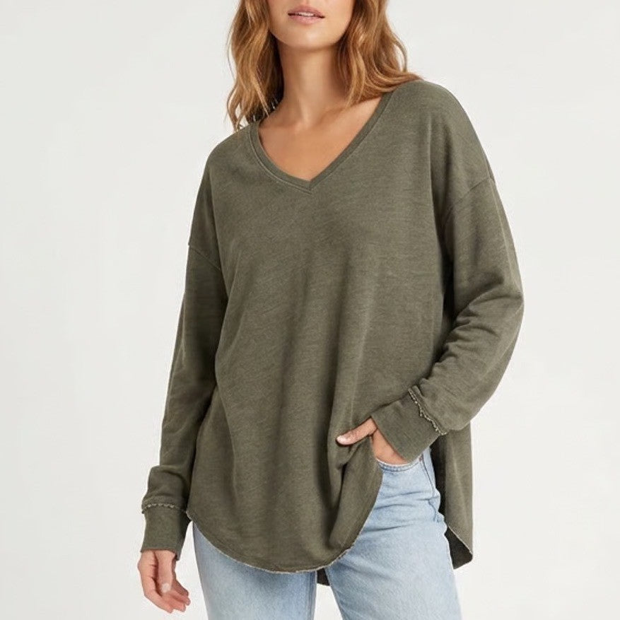 Z Supply Tunic Sweater Womens Medium Dark Green Cotton Raw High Low Hem V-Neck