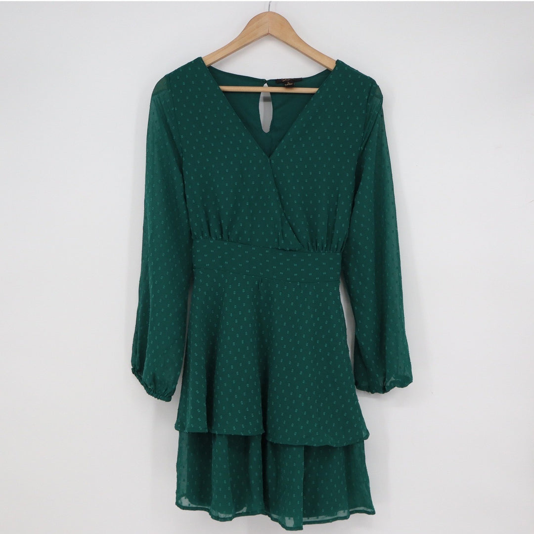 Japna Emerald Green Clip Dot Tiered Mini Dress V-Neck Long Sleeve L