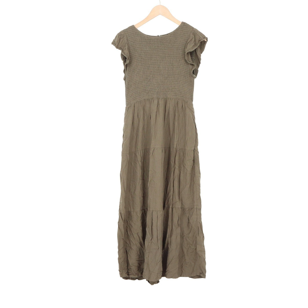 ZESICA Smocked Flutter Sleeve Tiered Maxi Dress Olive Green Large
