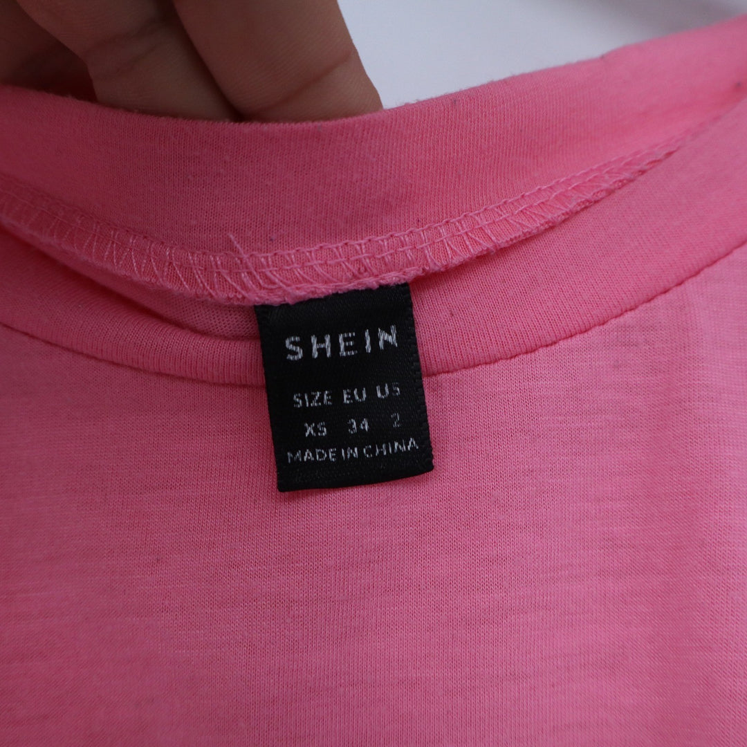 SHEIN Aloha Graphic T-Shirt Pink Blue Distressed Varsity Hibiscus XS