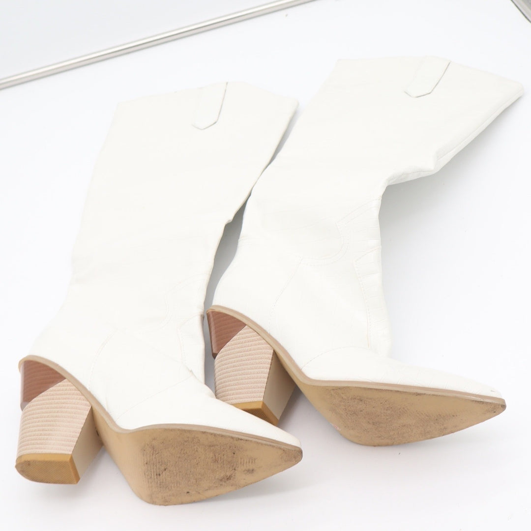 White Croc Embossed Pointed Toe Architectural Block Heel Tall Boots Size 10 41