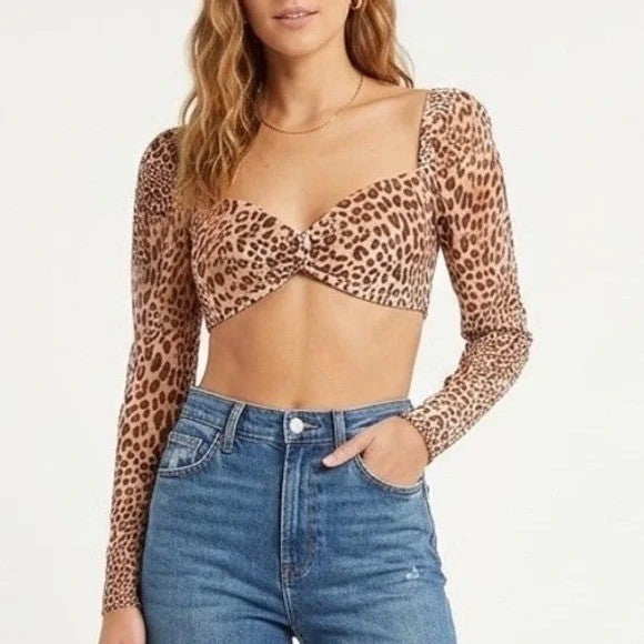 Naked Wardrobe Leopard Print Velvet Crop Top Sweetheart Twist Front S