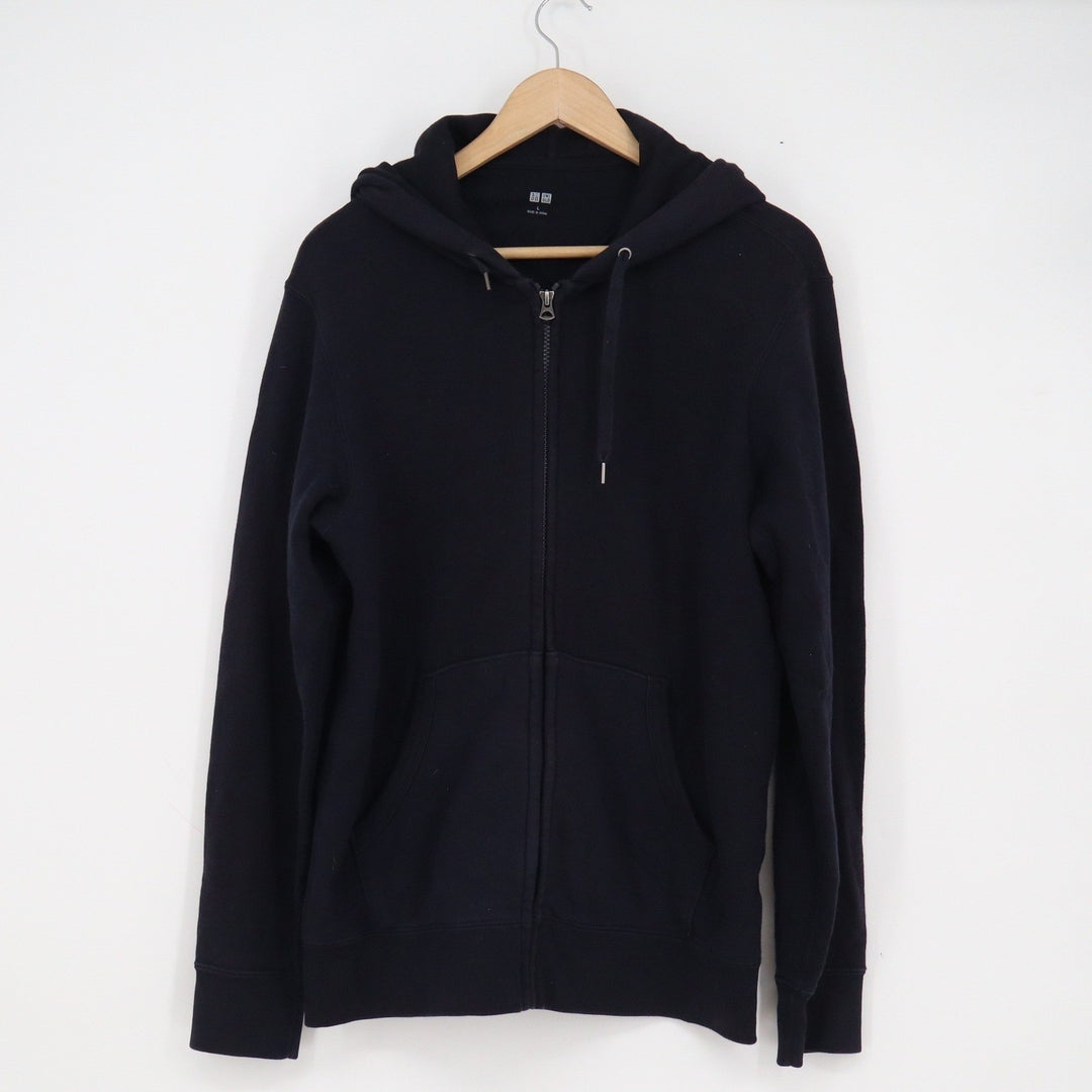 Uniqlo Mens Full Zip Hoodie Navy Blue Solid Cotton Blend L