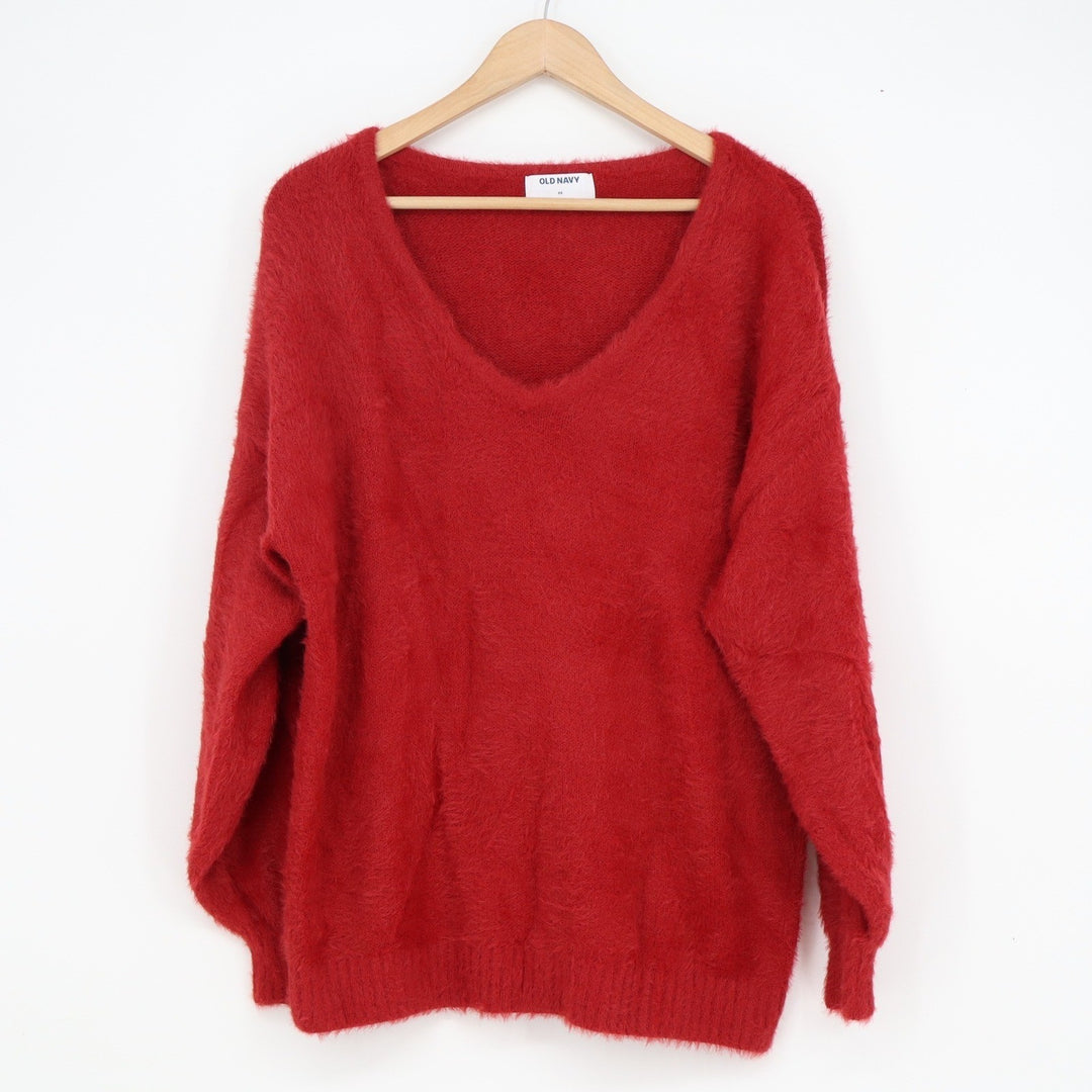 Old Navy Womens XS Red Fuzzy Eyelash Knit V-Neck Relaxed Pullover Sweater