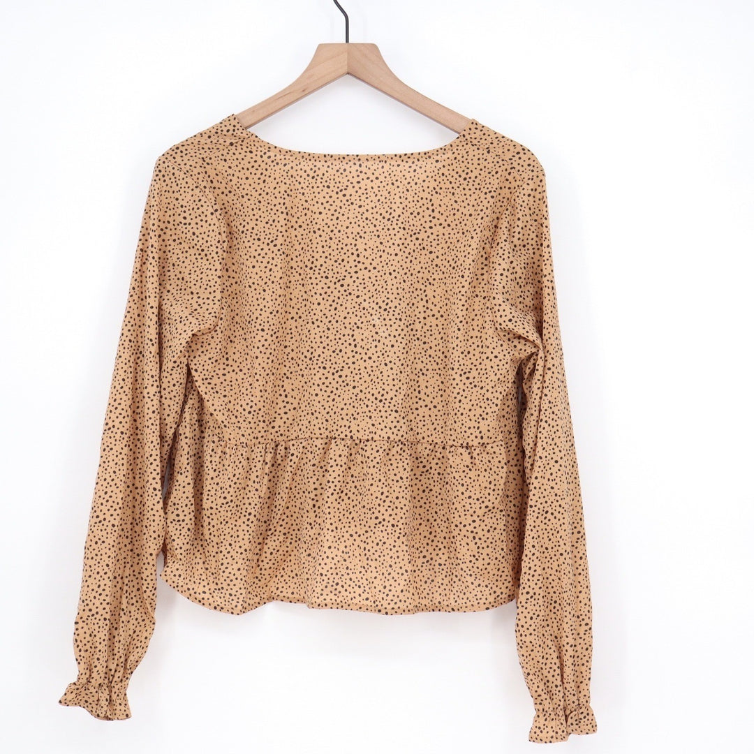SHEIN Tan Dalmatian Dot V-Neck Peplum Blouse Front Tie Long Sleeve Top Large
