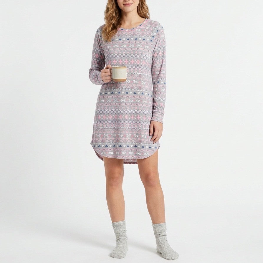 Cuddl Duds Pajama Top Womens Large Gray Printed Stretch Long Sleeve Crew Neck