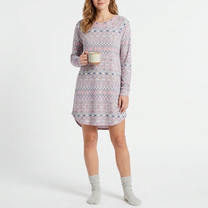 Cuddl Duds Pajama Top Womens Large Gray Printed Stretch Long Sleeve Crew Neck