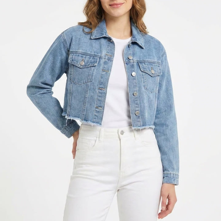SHEIN Womens Light Wash Cropped Denim Jacket Raw Hem Blue Large