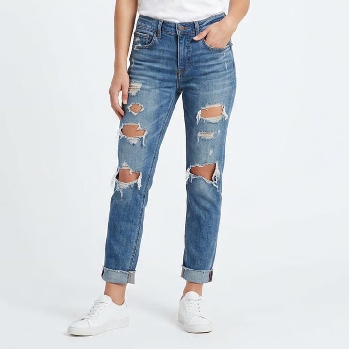 American Eagle Outfitters Jeans Women 2 Blue Stretch Distressed Raw Hem Straight