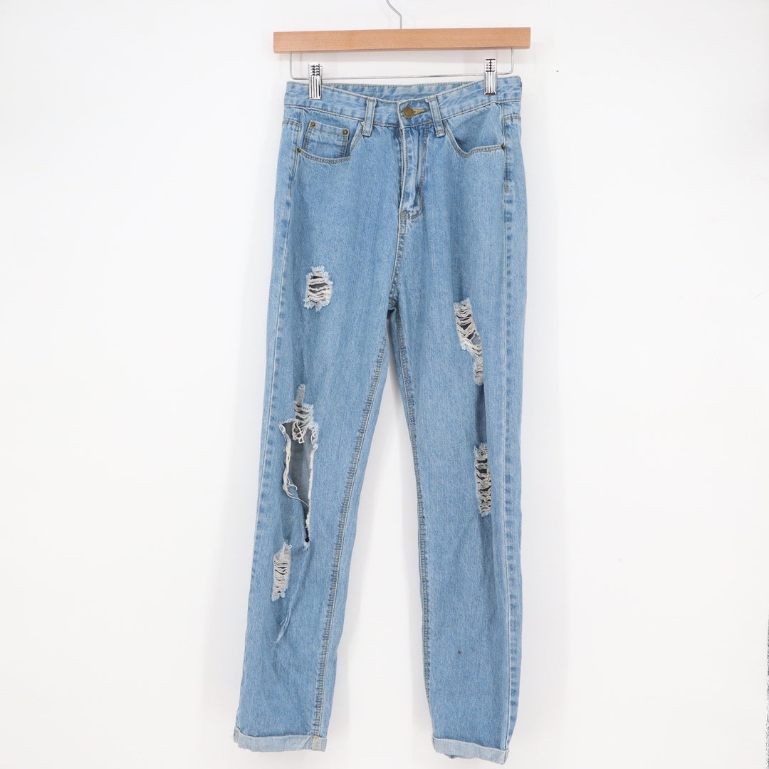 SHEIN Womens Light Wash Distressed Ripped High Rise Straight Leg Jeans Blue XS