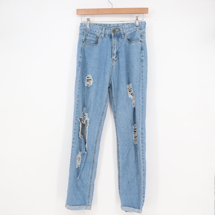 SHEIN Womens Light Wash Distressed Ripped High Rise Straight Leg Jeans Blue XS