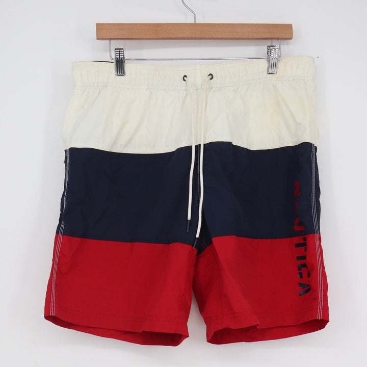 Nautica Mens Swim Trunks Colorblock White Navy Red Logo Shorts