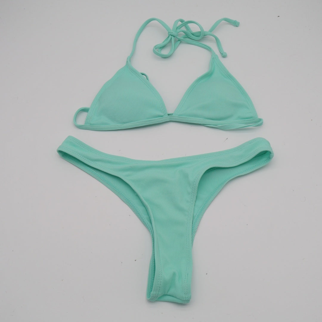 2 Piece Triangle Bikini Set Women S Aqua Ribbed Stretch Spaghetti Strap Swimwear