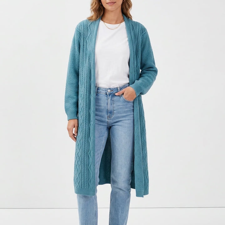 Yi Jiu Teal Blue Cable Knit Longline Open Front Duster Cardigan Sweater Size M