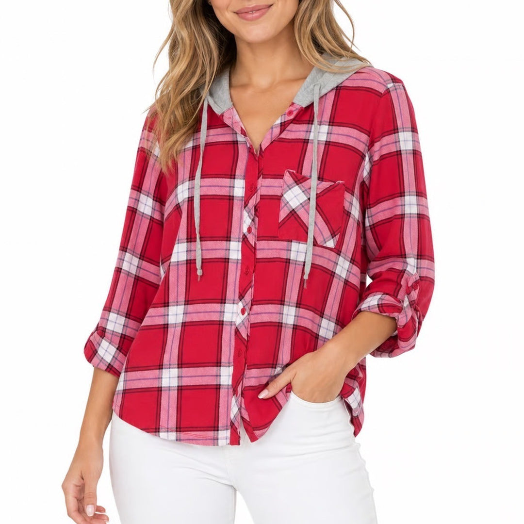 No Comment Plus Womens Red Plaid Hooded Button Down Shirt 1X